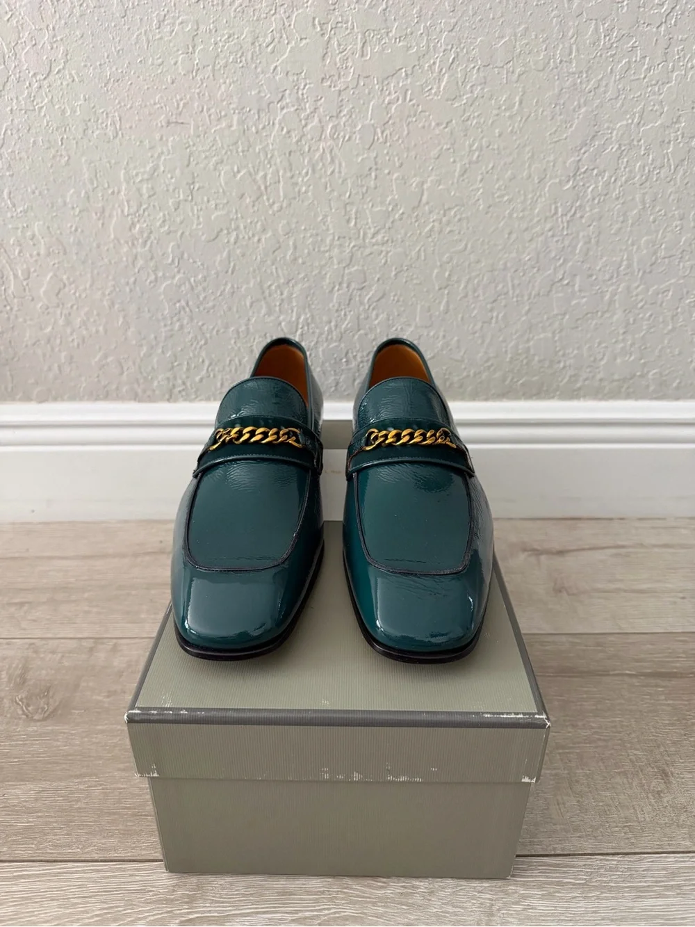Tom Ford Teal Patent Leather Loafers with Gold Chain Detail men 11.5